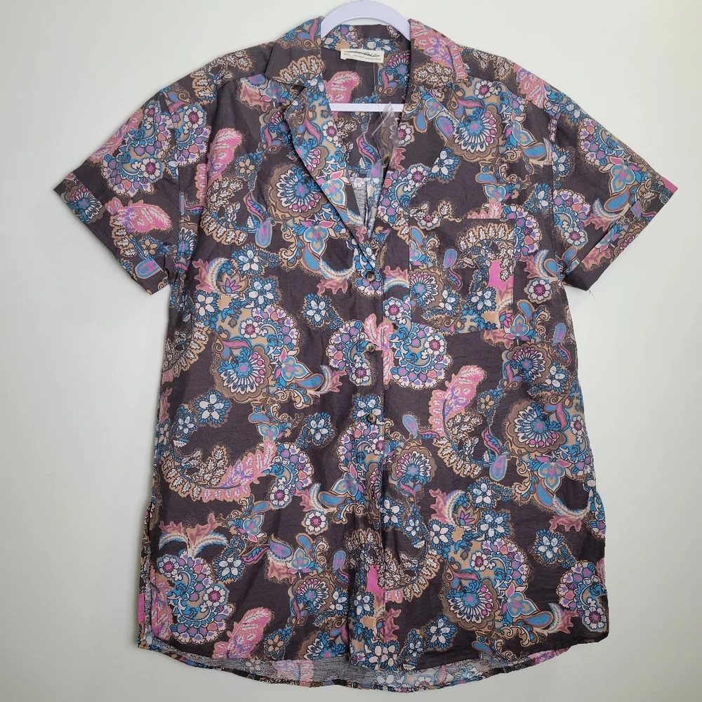 We The Free Paisley Floral Boho Oversized Boyfriend Short‎ Sleeve Shirts S